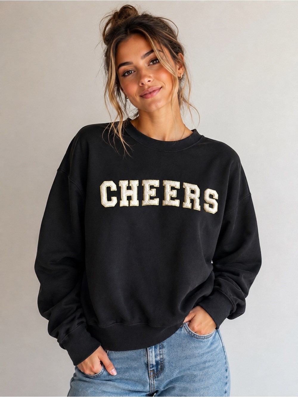 Universal Thread Black Crewneck Sweatshirt with Gold 'CHEERS' Applique